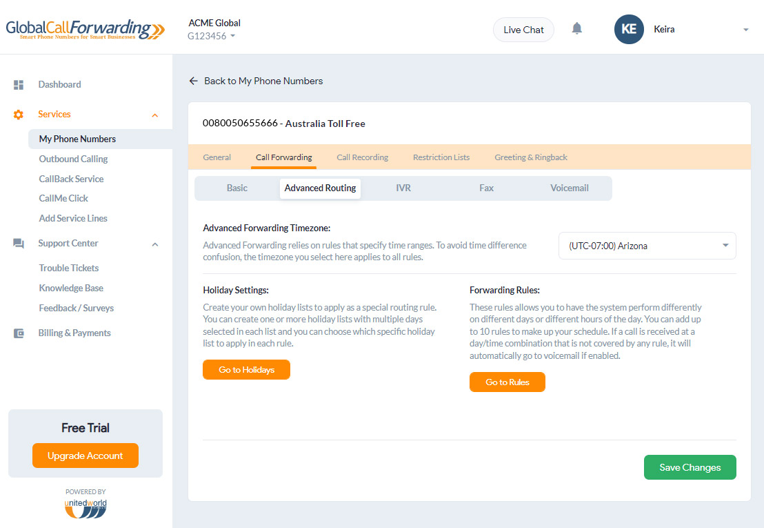 screenshot of Global Call Forwarding